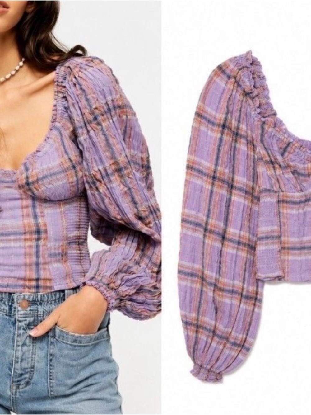 Free People Lavender Plaid Smocked Puff-Sleeve Crop Top